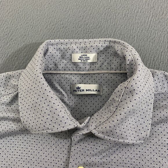 Peter Millar Button Up Mens Large Gray Shirt Blue Polka Dots Short Sleeves - Picture 8 of 13
